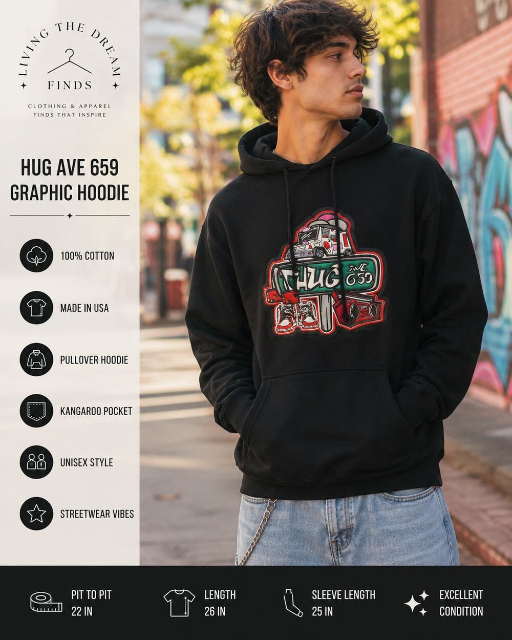 Hug Ave 659 Black Pullover Hoodie Graphic Sweatshirt Adult Medium 100% Cotton